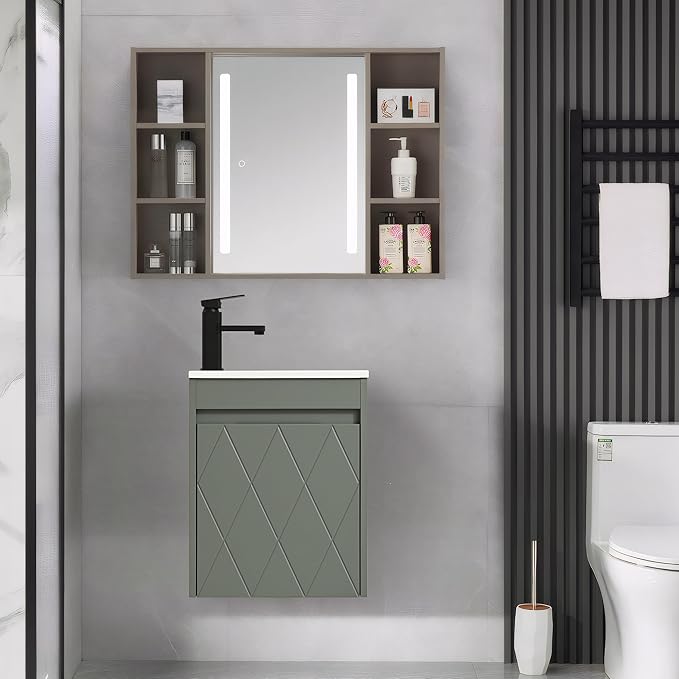 16" Bathroom Vanity Sink Combo for Small Space, Wall Mounted Bathroom Cabinet Set with White Resin Basin Sink Top Black Faucet Pop Up Drain Green