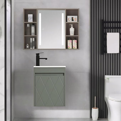 16" Bathroom Vanity Sink Combo for Small Space, Wall Mounted Bathroom Cabinet Set with White Resin Basin Sink Top Black Faucet Pop Up Drain Green