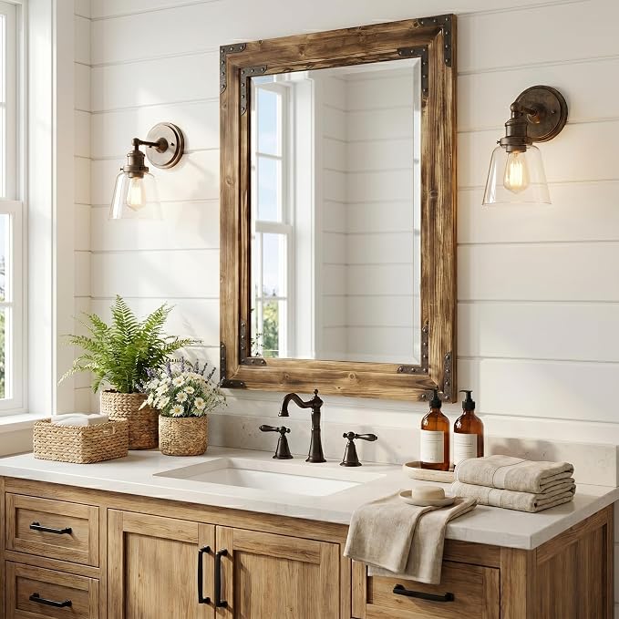 Rustic Brown 24x36 Inch Wood Bathroom Vanity Mirror, Rivets | Farmhouse style, beveled glass edge, rich weathered grain, single-sink bathrooms, hallways and cabin interiors