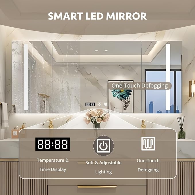 84 Inch Floating Bathroom Vanity with Double Sink, Khaki | Smart LED Defog Medicine Cabinet, Sintered Stone Countertop, Solid Wood, 2 Soft-Close Doors & Drawers, Khaki
