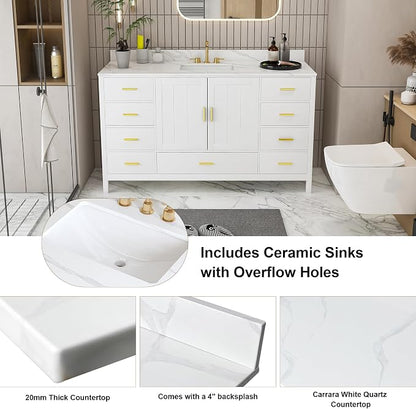 60 Inch Bathroom Vanity with Sink&Countertop,Carrara White Quartz Counter Top with Sink&Backsplash,White Bathroom Cabinet Set with 2 Doors and 9 Drawer(Three Holes)