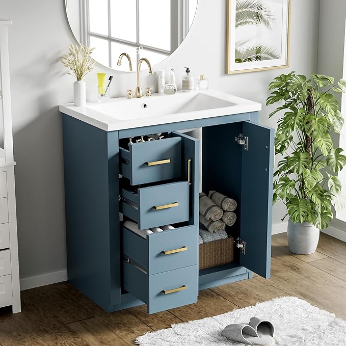 Merax Herringbone Single Sink Bathroom Vanity, Freestanding 30" Modern Bathroom Vanity Storage Cabinet with 3 Drawers and 2 Doors, Solid Wood Frame
