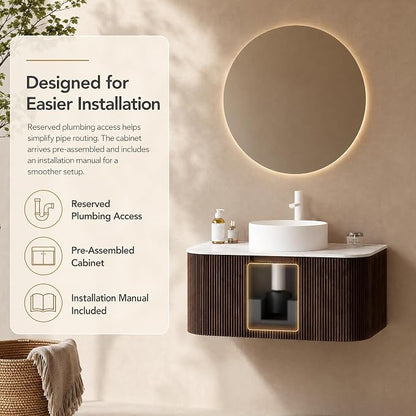 30 Inch Bathroom Vanity with Sink, Floating Wall Mounted Single Sink Vanity, Dark Walnut Curved Fluted Front, Stone Top, Pure White Round Vessel Basin, Pre-Assembled