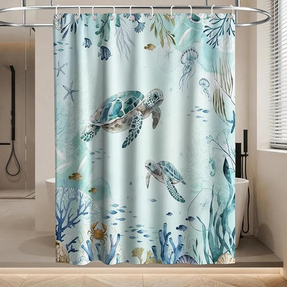 Ocean Nautical Turtle Shower Curtain Cute Modern Luxury Tropical Coral | Funky Shower Curtains for Bathroom, Waterproof Bath Curtain with Hooks Machine Washable Bathtub Curtains 60x72 Inch Blue