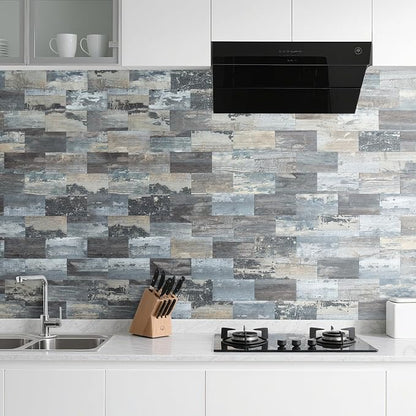 AULIGET 4 Pieces Peel and Stick Backsplash PVC Tile, 3" x 6" Rustic Wood Brick Stick on Tiles