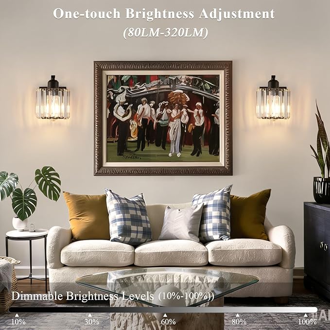 BELS 8 Inch Battery Operated Wall Sconces Set of 2, Farmhouse Black Wall Lights Fixture with Crystal Shade, 3 Colors Temperature, Remote Control, Dimmable, Wall Sconces for Mirror, Bathroom, Bedroom