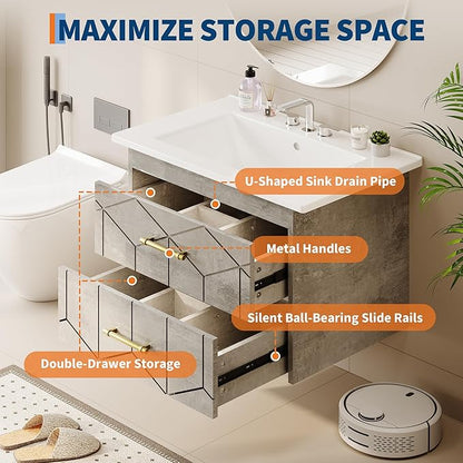 Garvee 24" Bathroom Vanity with Sink, Floating Bathroom Vanity with Ceramic Basin, 2 Large Storage Drawers with Gold Metal Handle, Modern Wall Mounted Bathroom Cabinet with Sink, Grey