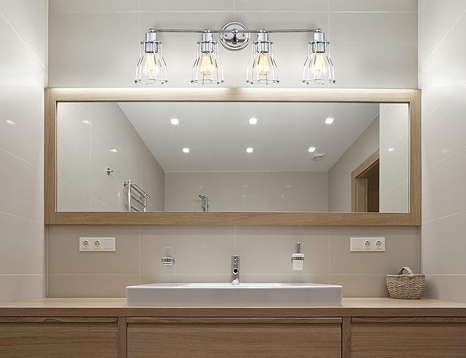 JONATHAN Y 29.5" Chrome Modern Industrial Metal Vanity Light, Bathroom Sconce for Mirror, Reversible 4-Light Wall Lamp with Metal Cage Shade for Hallway, LED Bulb Included (JYL7418A)