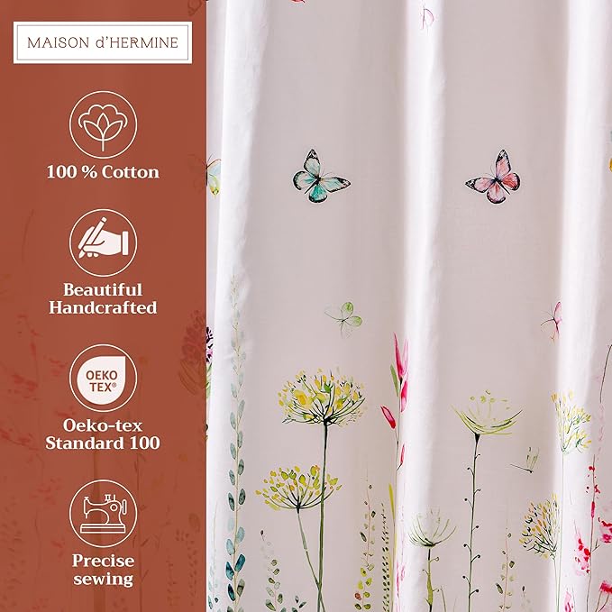 Maison d' Hermine Shower Curtain 100% Cotton One Panel 70"x72" Washable Fabric Shower Curtains for Bathroom, Easy Hanging with 12 Button Holes - Home Hotel Spa Easter Gifts (Botanical Fresh)