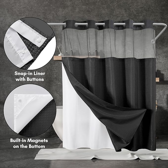 Americanflat 72x75 Hookless Waffle Pattern Shower Curtain - Water-Resistant Long Shower Curtain with Sheer Panel, Snap-in Liner, and Durable Grommets - 100% Polyester - Black