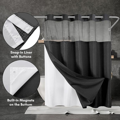 Americanflat 72x75 Hookless Waffle Pattern Shower Curtain - Water-Resistant Long Shower Curtain with Sheer Panel, Snap-in Liner, and Durable Grommets - 100% Polyester - Black