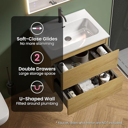 24" Bathroom Vanity with Sink, Modern Floating Vanity with Double Soft Closing Drawers, Large Storage for Small Space, Natural Oak, Fully Assembled - Iris Collection