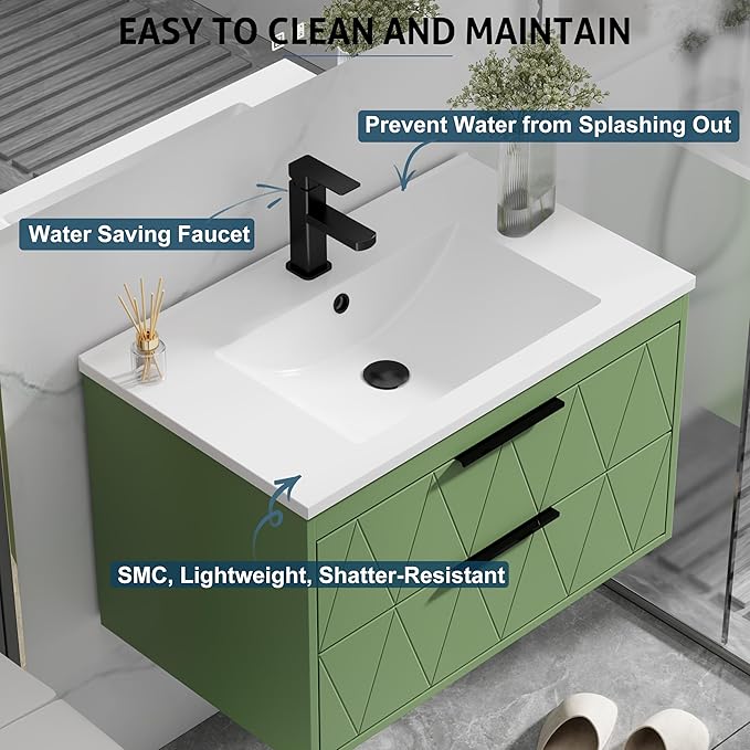 eclife 30" Bathroom Vanities Cabinet with Sink Combo, Wall Mounted Floating Cabinet W/Decor Line, Soft-Close System, 2 Extra Big Drawers, Matte Black Faucet, Matcha Green