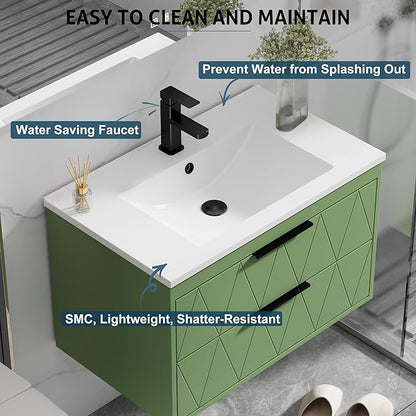 eclife 30" Bathroom Vanities Cabinet with Sink Combo, Wall Mounted Floating Cabinet W/Decor Line, Soft-Close System, 2 Extra Big Drawers, Matte Black Faucet, Matcha Green
