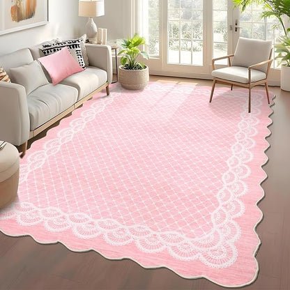 GarveeHome Washable 9x12 Area Rug Scalloped Pink Rug Modern Living Room Rugs Large Washable Girls Bedroom Rugs Abstract Bordered Carpet for Playroom Apartment Table Dorm Nursery, Pink
