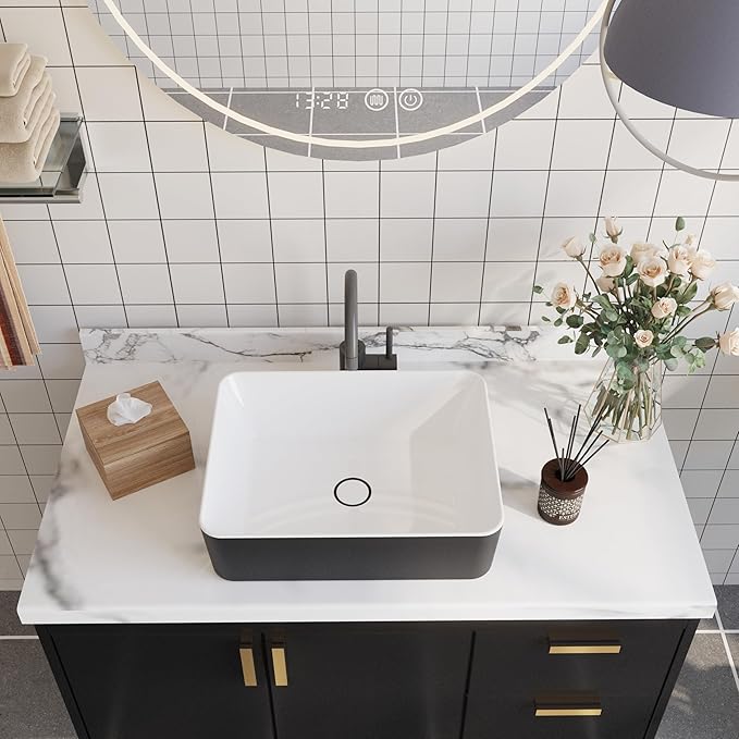 DeerValley DV-1V0001 Bathroom Vessel Sink 19" x 15" Above Counter Sink Rectangle Ceramic Bathroom Sink, Black and White Sinks