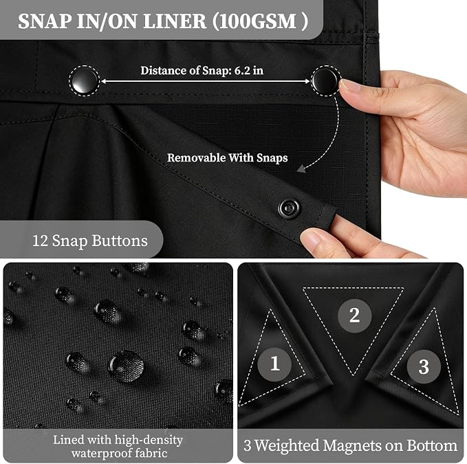 48x75 Ringless Linen Textured Shower Curtain with Snap in Liner, Black | Stall Size, 3 in 1 Shower Curtain Set, Removable Liner, Waterproof & Washable, Mesh Top Window, Durable Fabric, Easy Setup