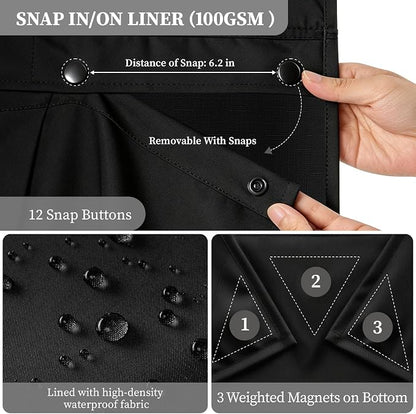 48x75 Ringless Linen Textured Shower Curtain with Snap in Liner, Black | Stall Size, 3 in 1 Shower Curtain Set, Removable Liner, Waterproof & Washable, Mesh Top Window, Durable Fabric, Easy Setup