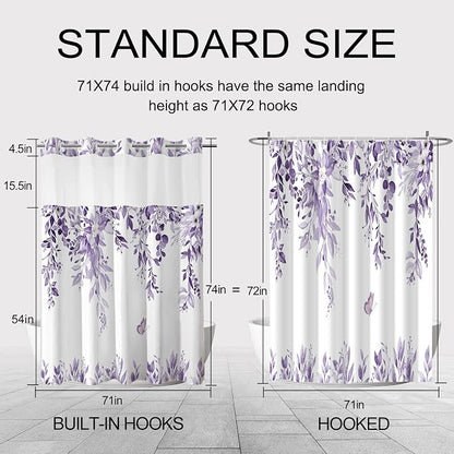 No Hook Shower Curtain and Liner Set, Light Purple Eucalyptus 71x74 | Floral Design, with Snap in Liner, Waterproof, Machine Washable, Quick-Drying, for Hotel Bathroom