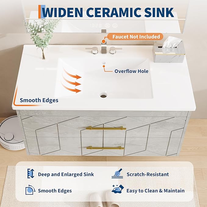 IDEALHOUSE Floating Bathroom Vanity with Sink 36 inch, Modern Bathroom Sink Cabinet, Ceramic Vanity Top, 2 Large Storage Drawers with Gold Metal Handle, Easy to Assembly, Grey
