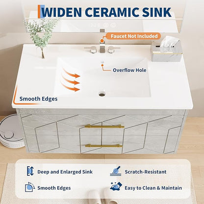 IDEALHOUSE Floating Bathroom Vanity with Sink 36 inch, Modern Bathroom Sink Cabinet, Ceramic Vanity Top, 2 Large Storage Drawers with Gold Metal Handle, Easy to Assembly, Grey