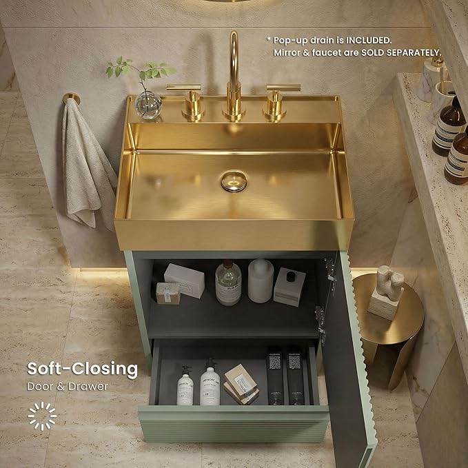 20 inch Bathroom Vanity with Golden Metal Sink, Bath Storage Cabinet with Soft-Closing Door and Drawer, Perfect for Small Space, Powder Room, Hotel, Mint Green