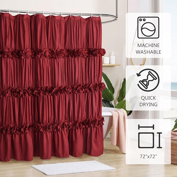Homechoice Decor Burgundy Ruffle Shower Curtain, Vintage Handcrafted Bow Tie Bath Curtain for Master Bathroom, Ruched Microfiber Bathroom Curtain with 12 Buttonholes, 72" W x 72" H (LQ-10)