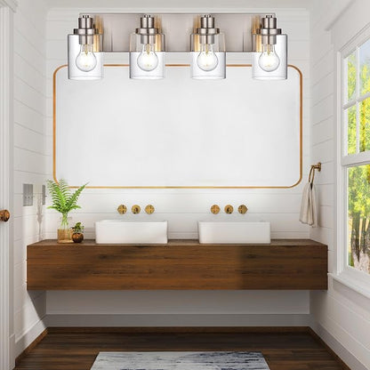 4 Light Vanity Light Brushed Nickel Bathroom Lighting Fixtures Over Mirror, Modern Bathroom Light with Clear Glass Shade, Farmhouse Vanity Lights