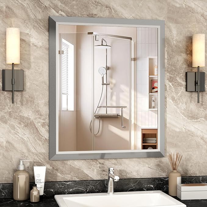 SMIROR 36x30 Brushed Silver Bathroom Vanity Mirror for Over Sink | Metal Wide Frame, Rectangle, Right- Angle Corner, Anti-Rust, Horizontally or Vertically Wall- Mounted for Home Remodel