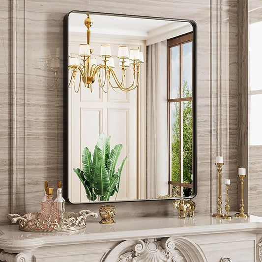 Black Bathroom Mirror Wall Mounted Vanity Mirror with Rounded Corner Metal Framed, Tempered Glass, Anti-Rust(Horizontal/Vertical), 22 x 30 Inch