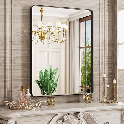 Bathroom Mirror, 24 x 32 Inch Wall Mounted Mirror, Black Metal Frame Vanity Mirror with Tempered Glass for Farmhouse Bedroom, Entryway, Living Room
