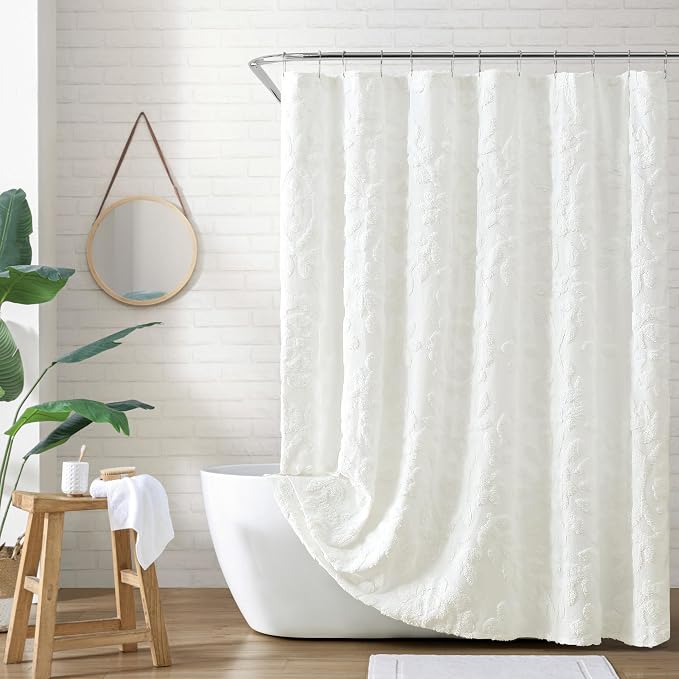 Peri Home Chenille Laurel Cotton Shower Curtain 72 x 72 inches White 1-Pc | Fabric, Bathroom