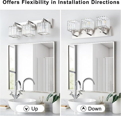 Modern Bathroom Vanity Light 3-Lights,Crystal Light Fixtures,Chrome | Crystal Light Fixtures Over Mirror,Chrome Bathroom Vanity Lighting Crystal Wall Sconce,Warm Light