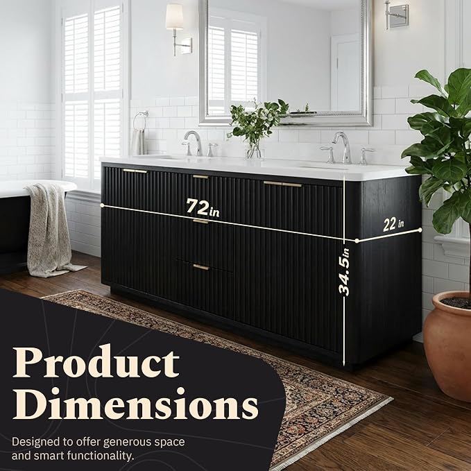 Lavanti Wooderna 72 Inch Bathroom Vanity with Sink – Stylish Firewood Black Vanity Bathroom with Storage Cabinet – Modern Bathroom Vanities with Double Vanity Sink & Quartz Countertop