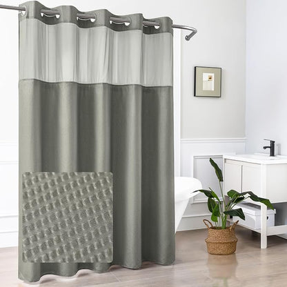 No Hook Gray Shower Curtain with Snap-in Fabric Liner 71x74 | Embossed Waffle-Look Textured, Sheer Window, Soft & Lightweight, Water Repellent Fabric Shower Curtain for Bathroom