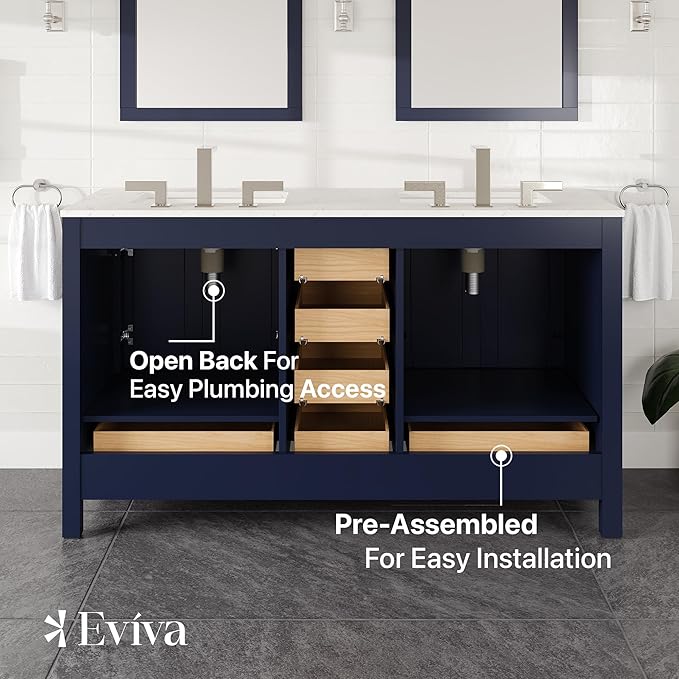 Eviva Aberdeen 60 in. Blue Double Sink Bath Vanity with Carrara Quartz Top and Undermount Porcelain Sinks