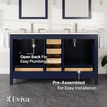 Eviva Aberdeen 60 in. Blue Double Sink Bath Vanity with Carrara Quartz Top and Undermount Porcelain Sinks