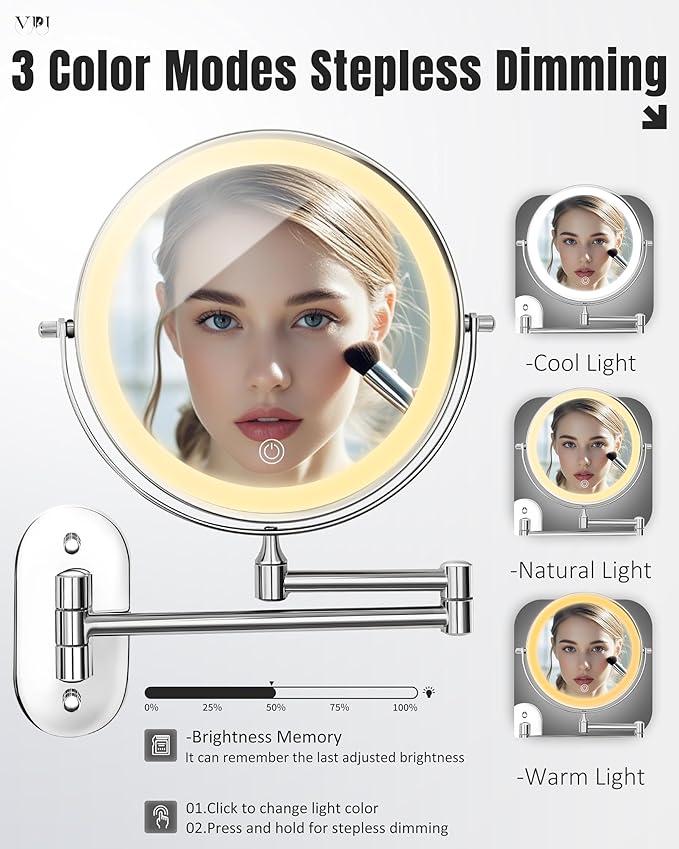 30X/1X 8 Inch Wall Mounted Magnifying Makeup Mirror with Light for Bathroom | 3500mAh Double Sided Rechargeable LED Lighted Vanity Mirror with Magnification 3 Color Light up Extended Arm 360 Rotation