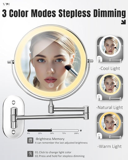 30X/1X 8 Inch Wall Mounted Magnifying Makeup Mirror with Light for Bathroom | 3500mAh Double Sided Rechargeable LED Lighted Vanity Mirror with Magnification 3 Color Light up Extended Arm 360 Rotation