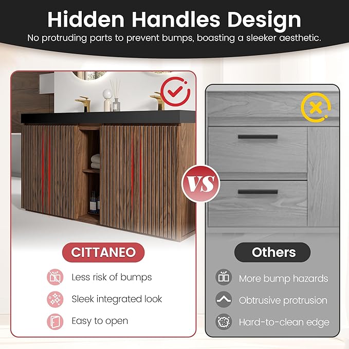 60" Bathroom Vanity with Double Sink, Freestanding Double Sink Bathroom Vanity with Black Engineered Stone Top, Open Storage Cabinet & Adjustable Shelf, 4 Soft-Closing Doors, Walnut