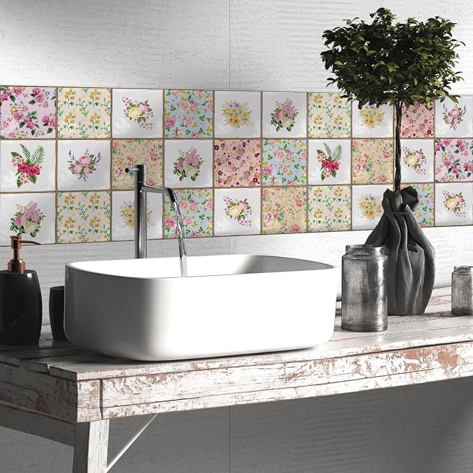 Alwayspon Vinyl Sticker Peel and Stick, Self-Adhesive Wall Tile Transfers Backsplash Sticker Decal for Kitchen Bathroom, 6x6inch/15x15cm 10Pcs, Floral Painting T038