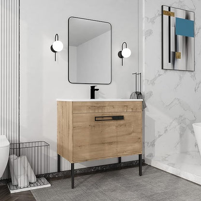 36 Inch Bathroom Vanity with Sink, Modern Freestanding Bathroom Vanity Set, Brown Vanity, Soft-Closing Door and Thick Edge Ceramic Basin - 36" (IMO, 36inch)