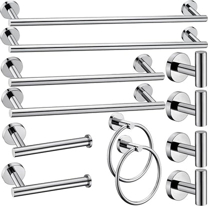 12 Pieces Polished Chrome Bathroom Hardware Accessories Set Hand Towel Ring 16&23.6 inch Round Towel Bar Toilet Paper Holder Towel Hooks 4 Pieces SUS 304 Stainless Steel,Heavy Duty,Wall Mounted