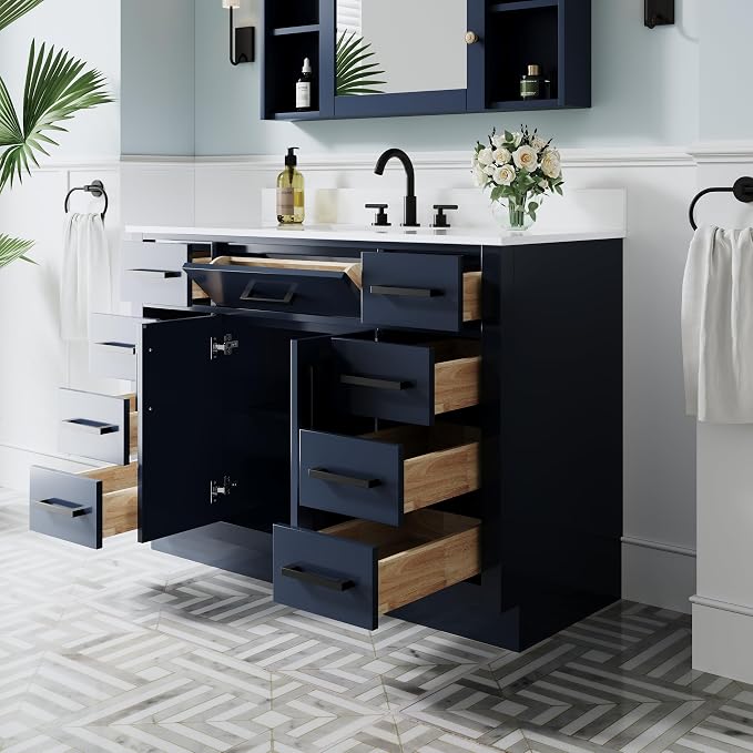 48-Inch Bathroom Vanity with Sink W/ 2 Doors & 8 Drawers & 1 Flip Drawer, Navy Blue Vanity W/Matte Black Handles