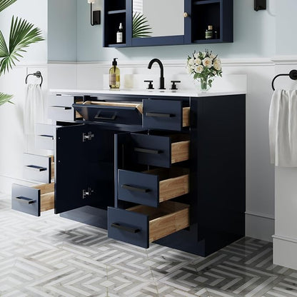 48-Inch Bathroom Vanity with Sink W/ 2 Doors & 8 Drawers & 1 Flip Drawer, Navy Blue Vanity W/Matte Black Handles