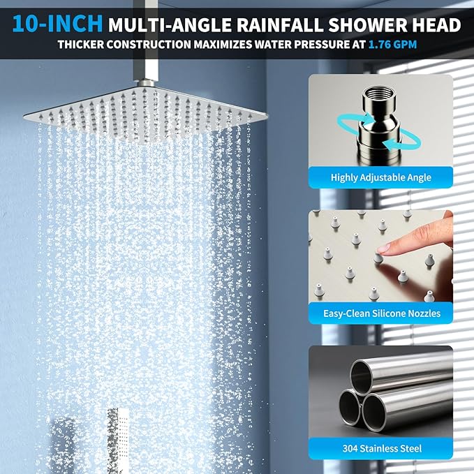 Shower Faucet Set Shower System - EMBATHER Brushed Nickel Push Button Diverter Dual Shower Faucet Valve Kit with Rain Ceiling Mount 10 Inch Shower Head 6 Inch Wall Mount, 2 in 1 Handheld for Couple