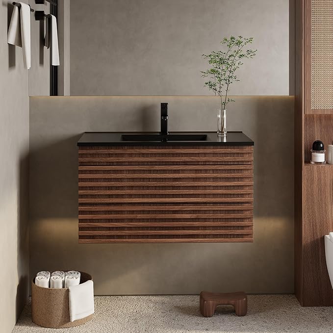 eclife 36" Floating Bathroom Vanity with Sink Combo, Mid-Century Wall Mounted Cabinet with Wood Stripes Decor, Drawers, Undermount Single Black Sink, Faucet, Drain, Cocoa Brown