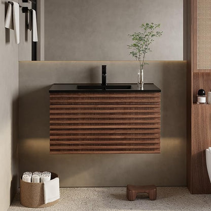 eclife 36" Floating Bathroom Vanity with Sink Combo, Mid-Century Wall Mounted Cabinet with Wood Stripes Decor, Drawers, Undermount Single Black Sink, Faucet, Drain, Cocoa Brown