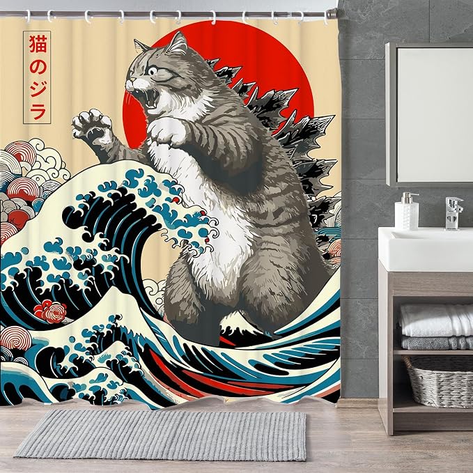 Funny Japanese Cat Shower Curtain,Vintage Cat Art Japan Sunset Waterproof Shower Curtain with Hooks, Fabric Shower Curtains for Bathroom Decor 72X84inches