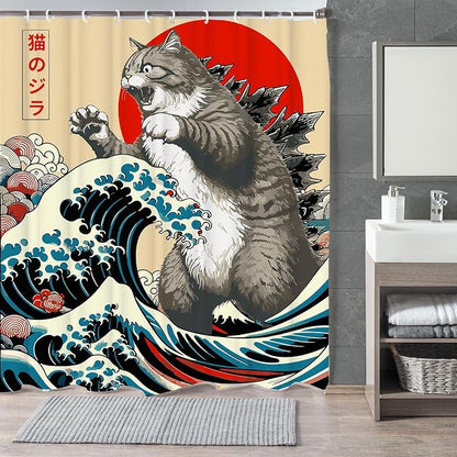 Funny Japanese Cat Shower Curtain,Vintage Cat Art Japan Sunset Waterproof Shower Curtain with Hooks, Fabric Shower Curtains for Bathroom Decor 72X84inches